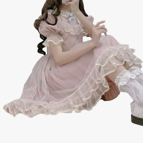 Lolita Dress Teen Small Pink Sheer Lined Puff Ruffle Bow Full Tiers Cosplay - Picture 9 of 9